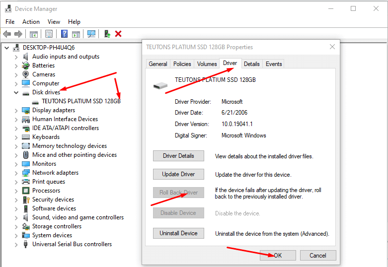 Press on the properties option and select Roll Back Drivers, then press ok