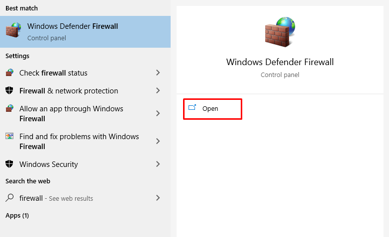 Click on the “Windows Defender Firewall