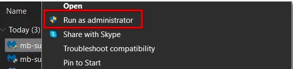  Press on the “Run as Administrator” from the context menu