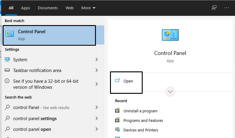 Search “Controls Panel” on the Windows search bar