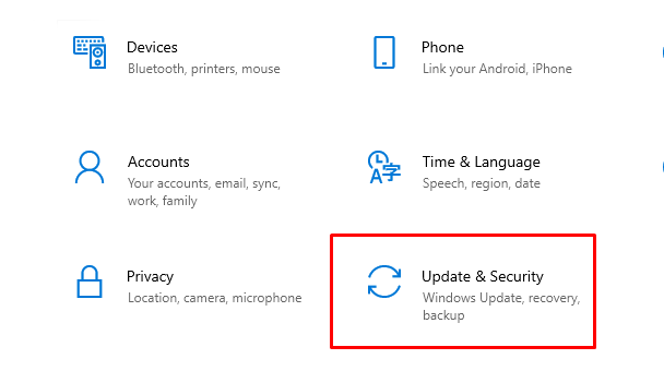 Select “Update & Security” option below
