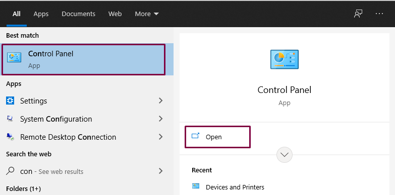 Type “Control Panel” on the Windows search to open it