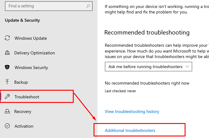 select the “Troubleshooters” option from the left side and then tap on the “Additional Troubleshooters