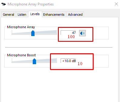 set the sound level 100 and set +10.0dB of Microphone boost