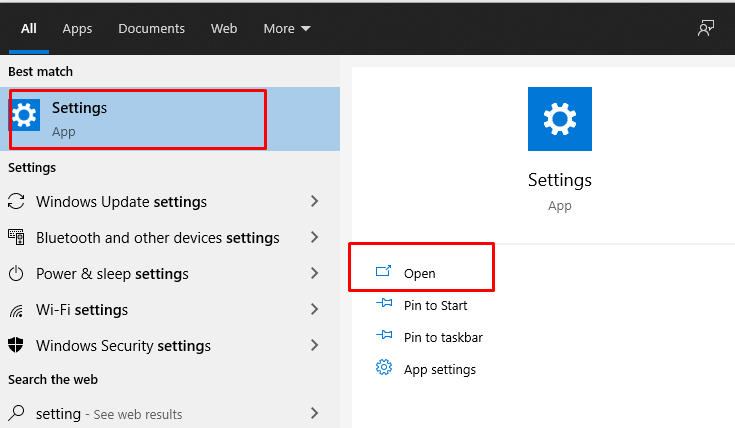 Select the “Settings” option from the “Windows Start” icon or search for the “Setting” option.