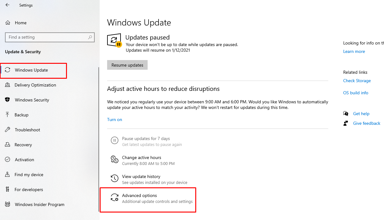 Tap on “Windows Update” and then select “Advanced Options” from the right side below.