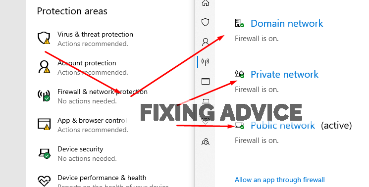 Under firewall and network options. Switch off the three options to Configure Firewall