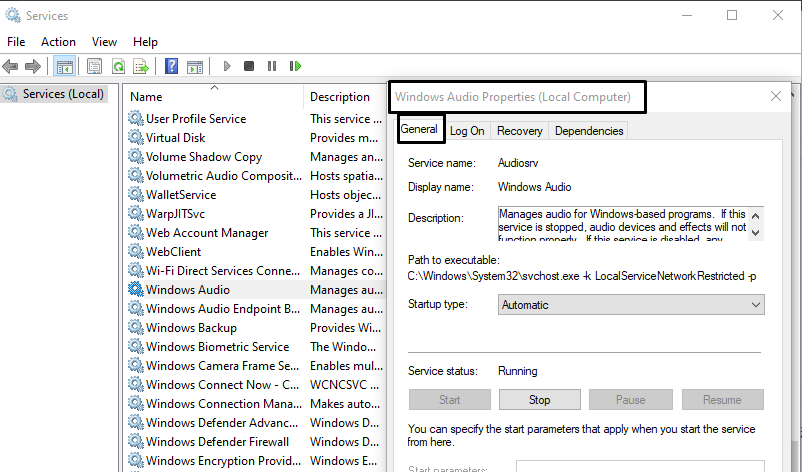 Under the “Windows Audio Properties” click on the “General” option