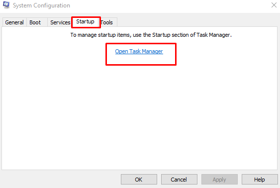 go to the “Startup” tab and clicks “Open Task Manager