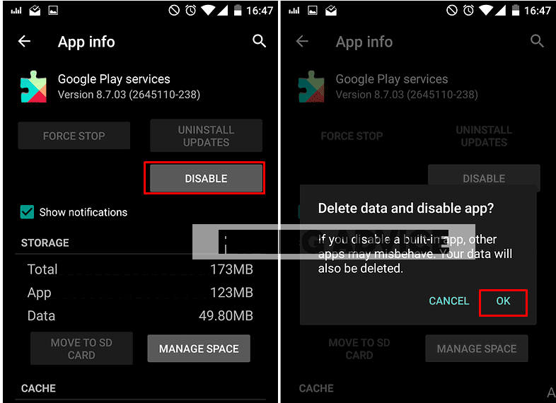 Find Google Play services and then press on the Disable option.
