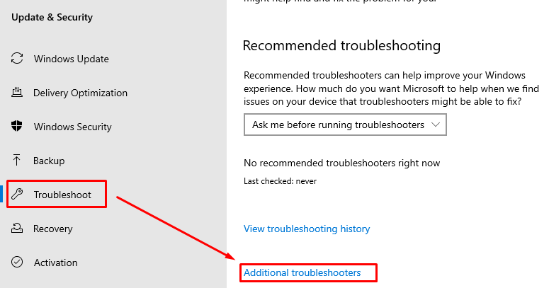Now press on the “Troubleshooter” from the left and then select “Additional Troubleshooter” from the right.
