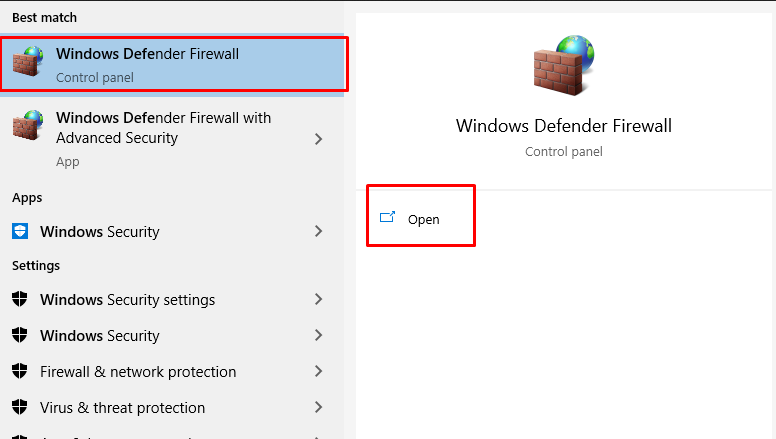 Search “Windows Defender Firewall” & open it