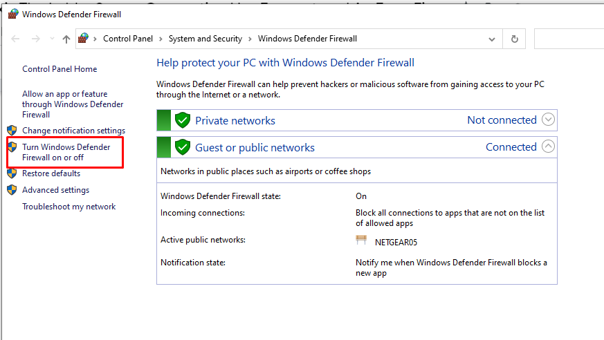 Tap on the “Turn Windows Defender Firewall On or Off” from the left side
