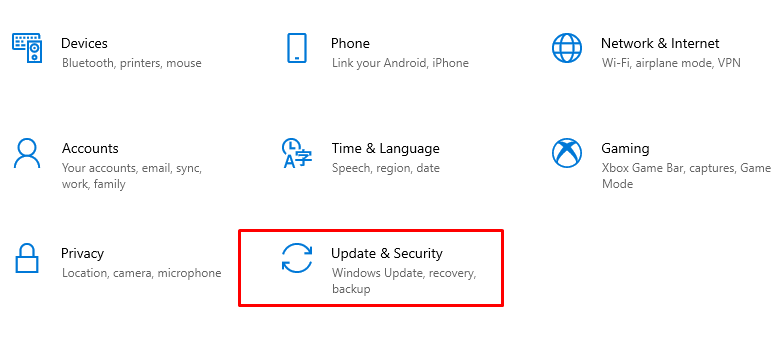 access the “Updates and Security” option from the new Window