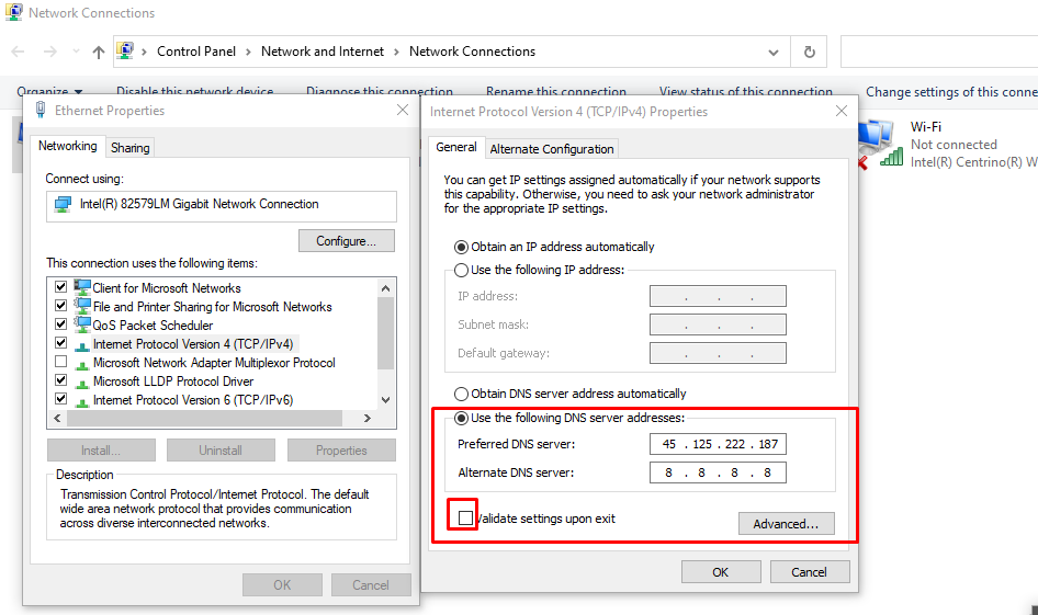 change the “Preferred DNS server” and “Alternate Servers”