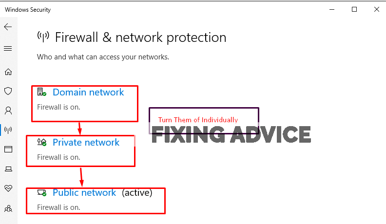 turn off the following firewall networks