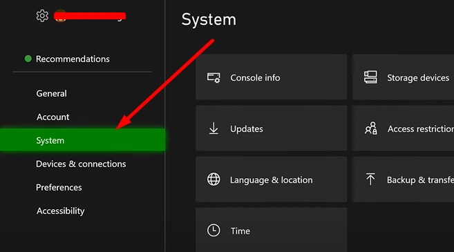 scroll down to the system option on Xbox Series X